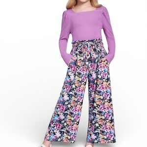 Arshiner Girls 2 Piece Outfit Floral Wide Leg Pants Purple Top Size 5/6